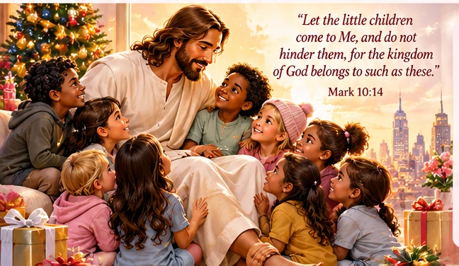 Jesus sits lovingly among children of different backgrounds beneath Christmas lights