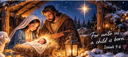 Christmas Nativity art showing Mary, Joseph and baby Jesus in a manger beneath the star