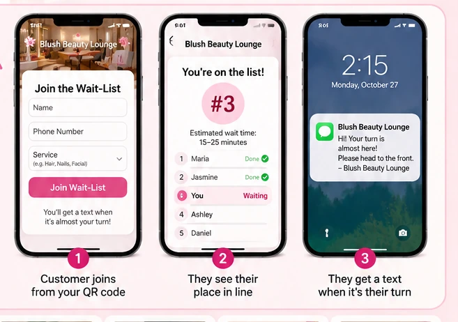 Wait-list example: a customer scans a QR code to join, sees their place in line, then receives a text when it is their turn